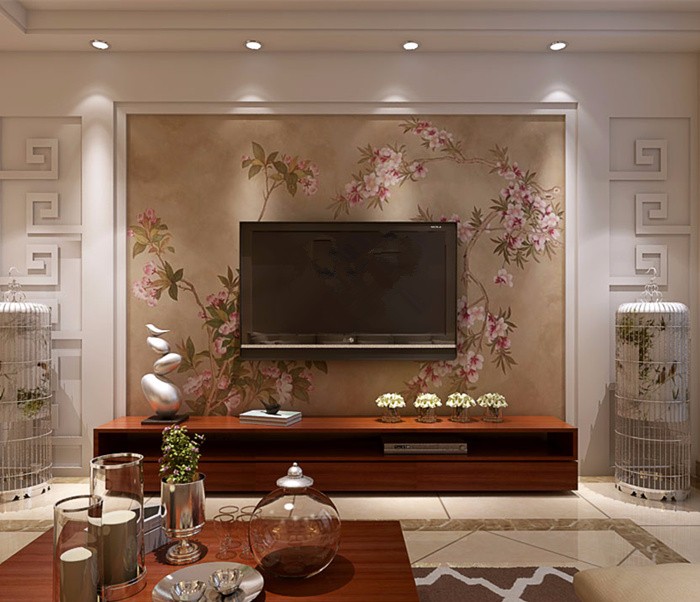 110平米新中式风格跃层客厅电视墙设计效果图