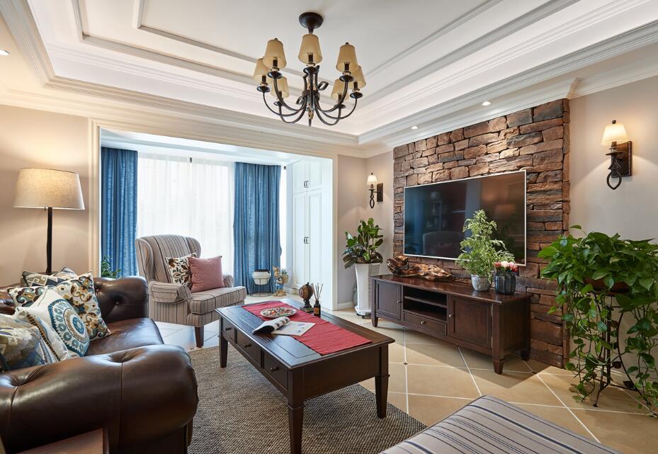 118平米房子客厅真皮沙发配美式茶几设计图