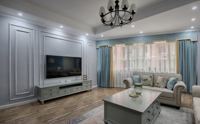 120平方美式风格客厅纯色窗帘装饰效果图