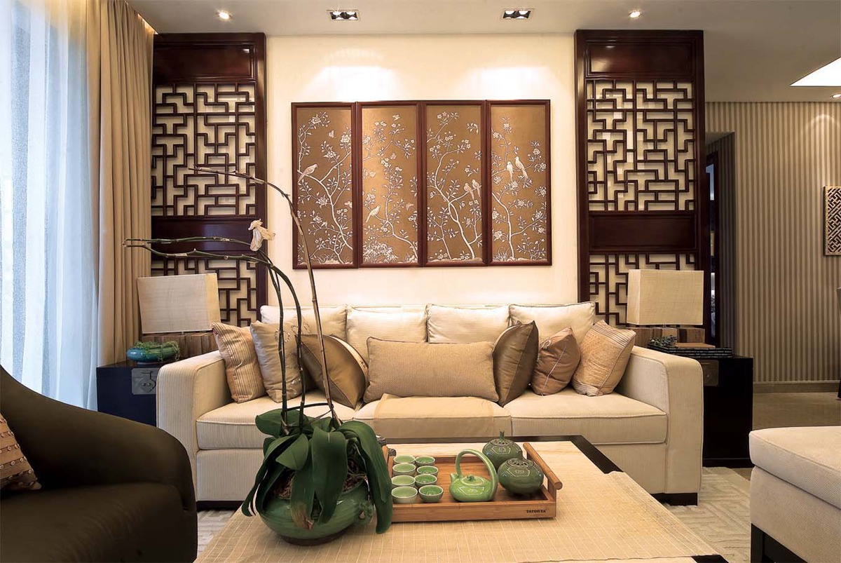 124平中式风格三居室客厅沙发背景墙图片
