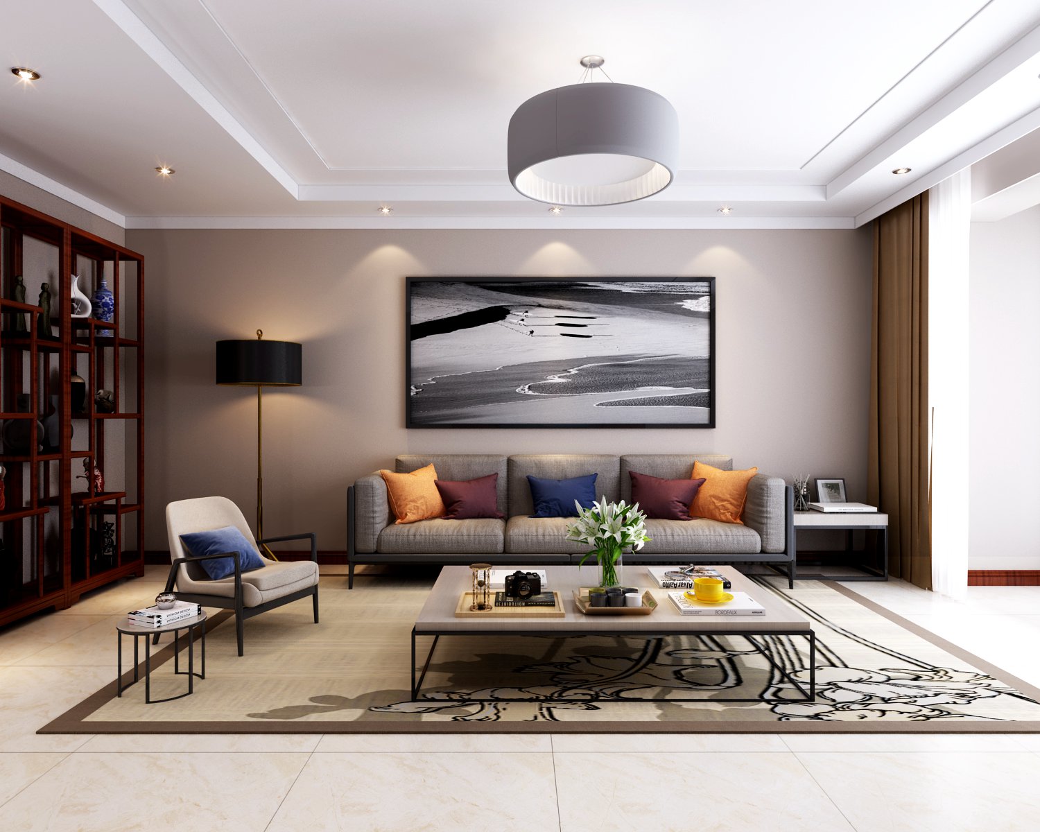 140平米三居室现代风格客厅沙发墙挂画设计效果图