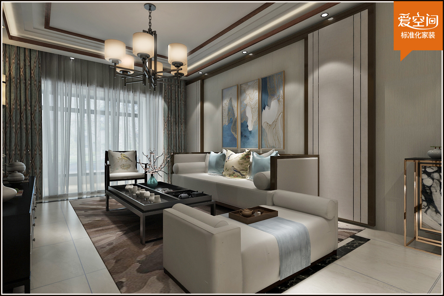 150平米四居新中式风格客厅沙发墙装修效果图