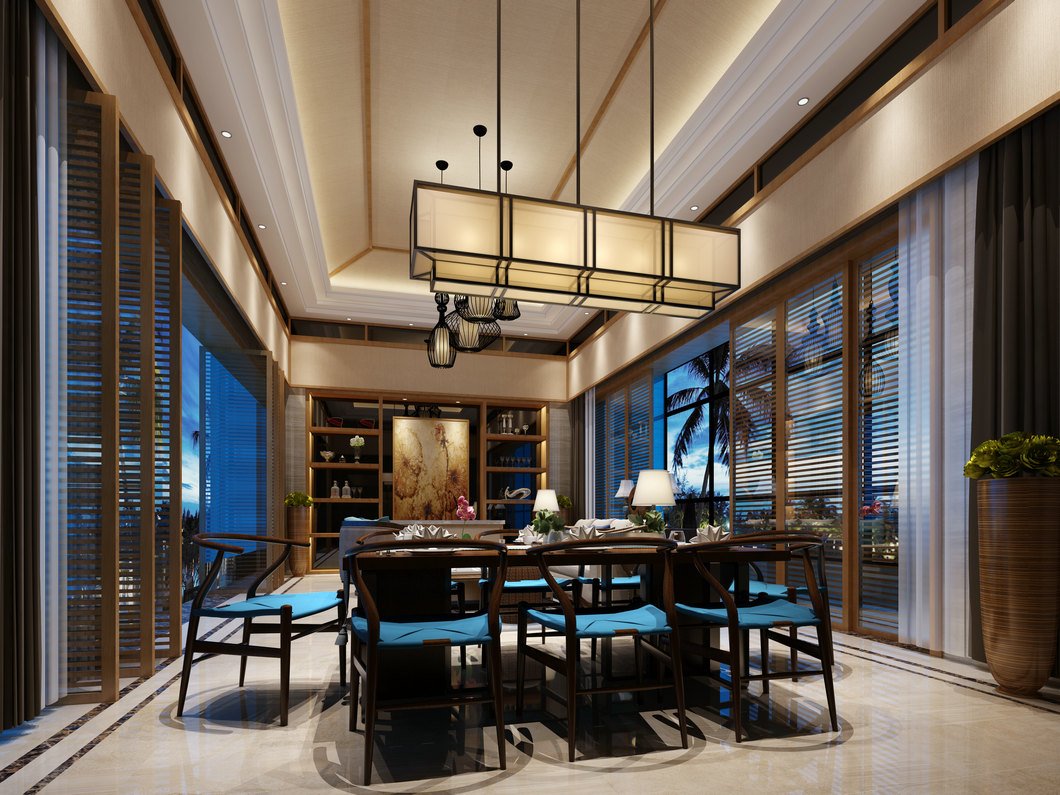 新中式别墅挑空客餐厅|空间|家装设计|Z49719002_原创作品-站酷ZCOOL