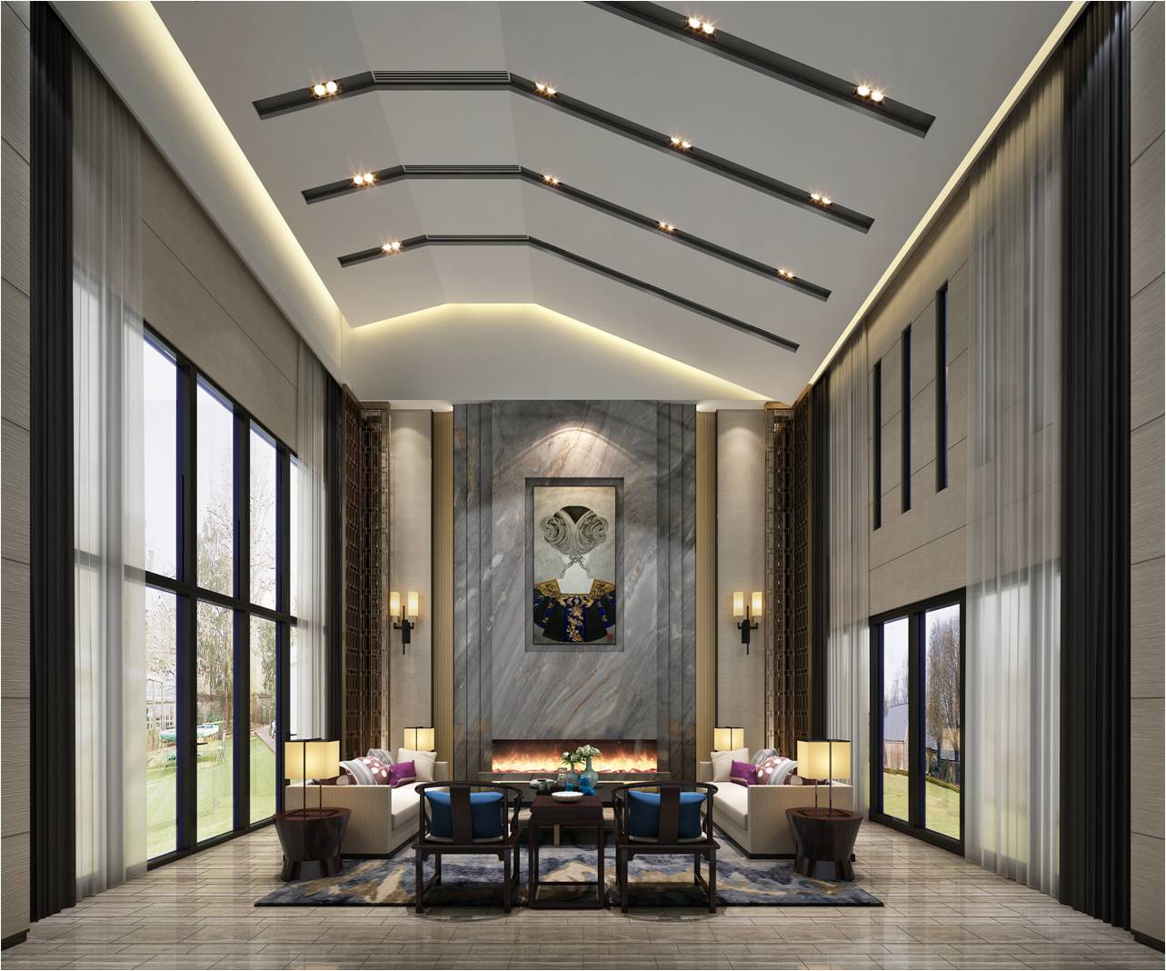 大气新中式别墅客厅吊顶造型设计图片