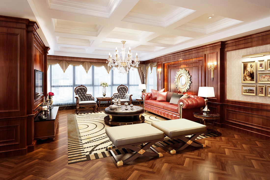 美式风格别墅客厅实木地板装修效果图