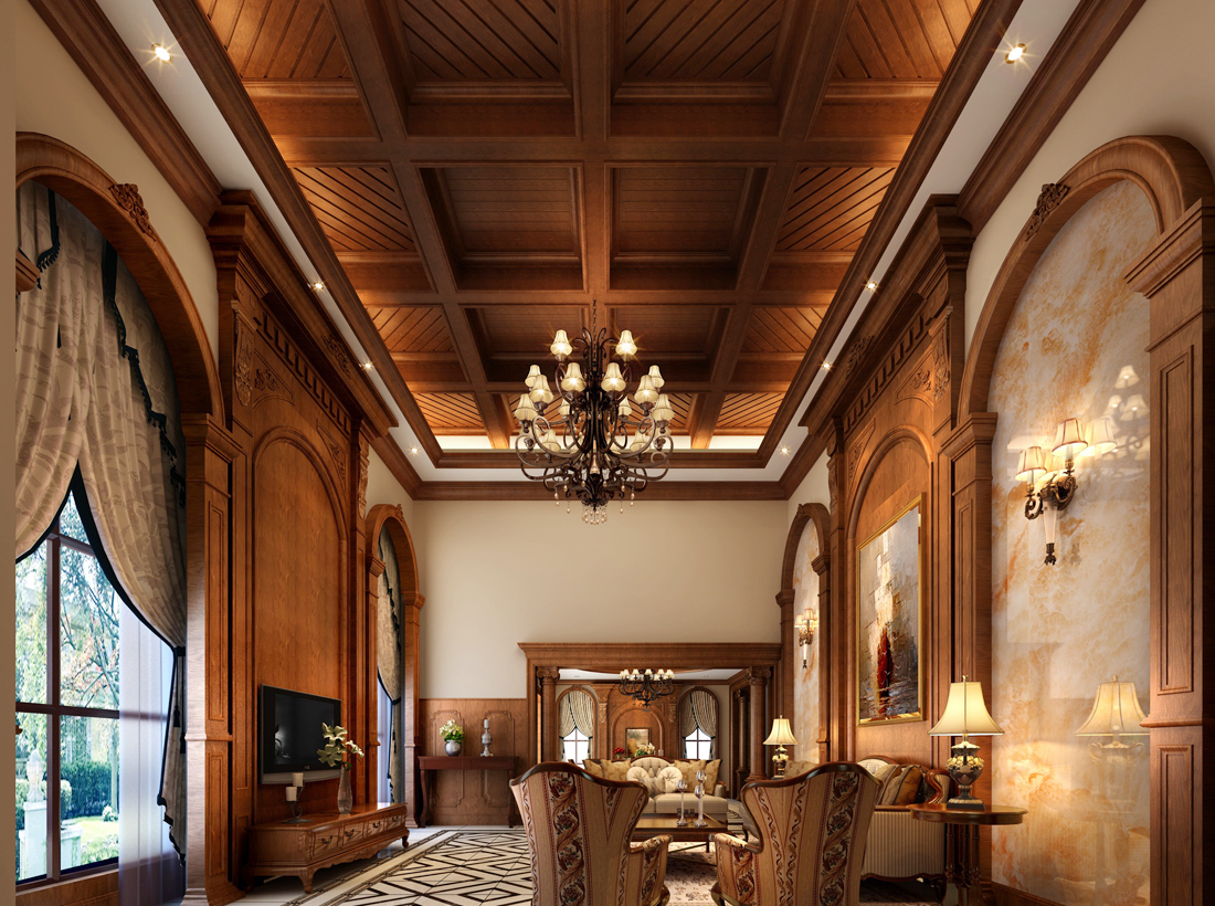 美式设计风格二层别墅客厅装修效果图片