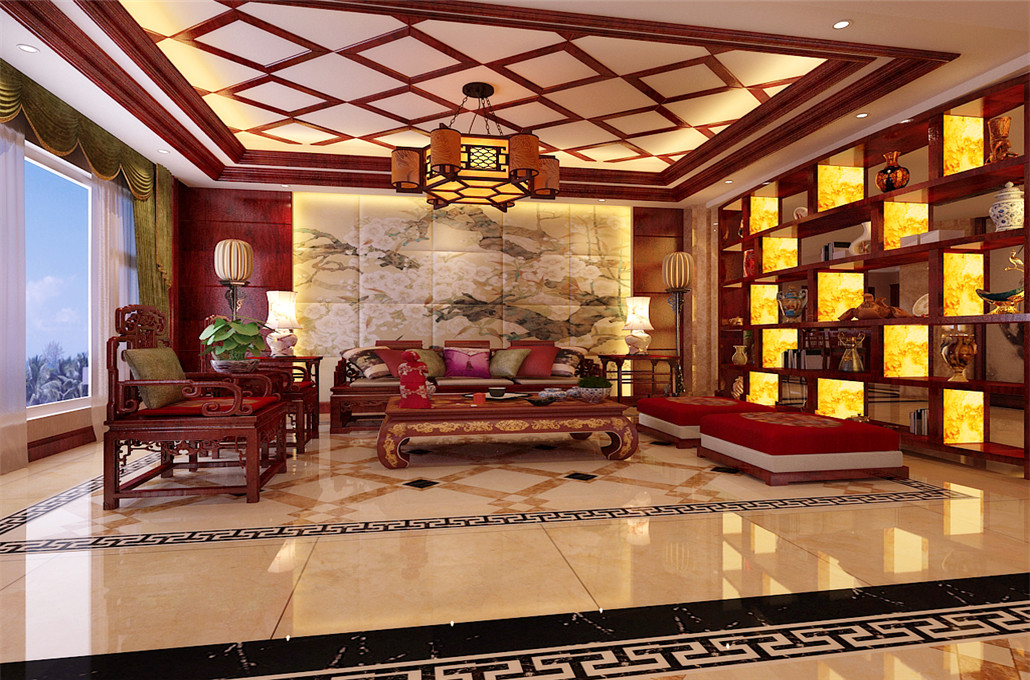 新中式别墅客厅沙发背景墙装修效果图片
