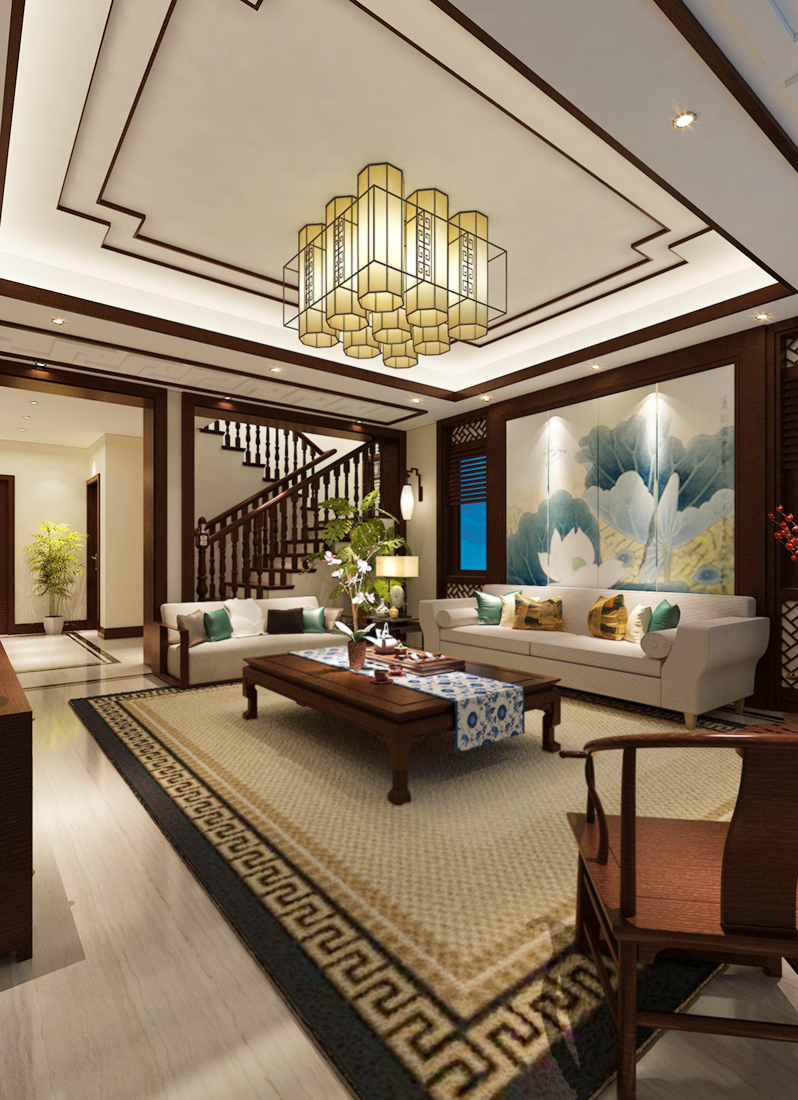 跃层别墅家装客厅中式元素装饰效果图