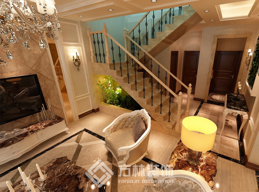 豪华欧式别墅客厅楼梯下空间设计效果图
