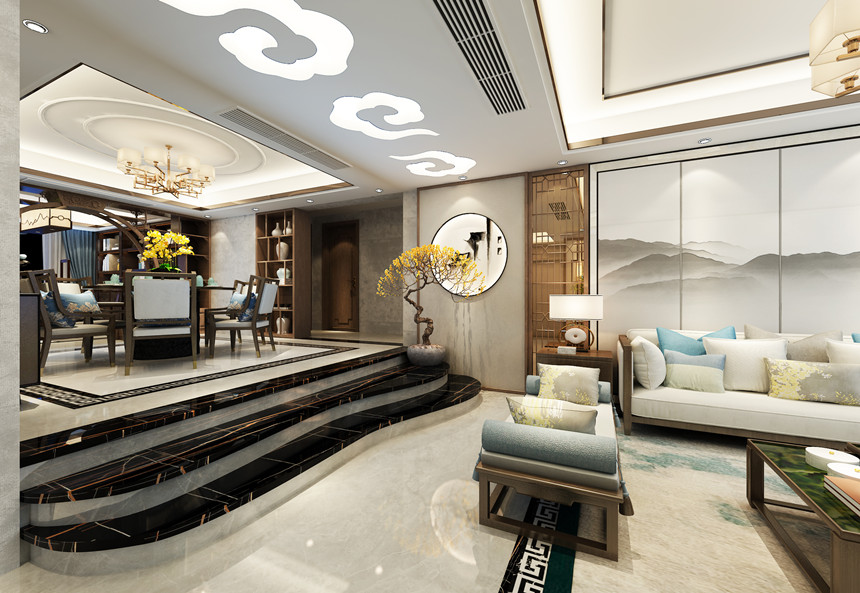 新中式风格三居家装客厅沙发墙装修效果图