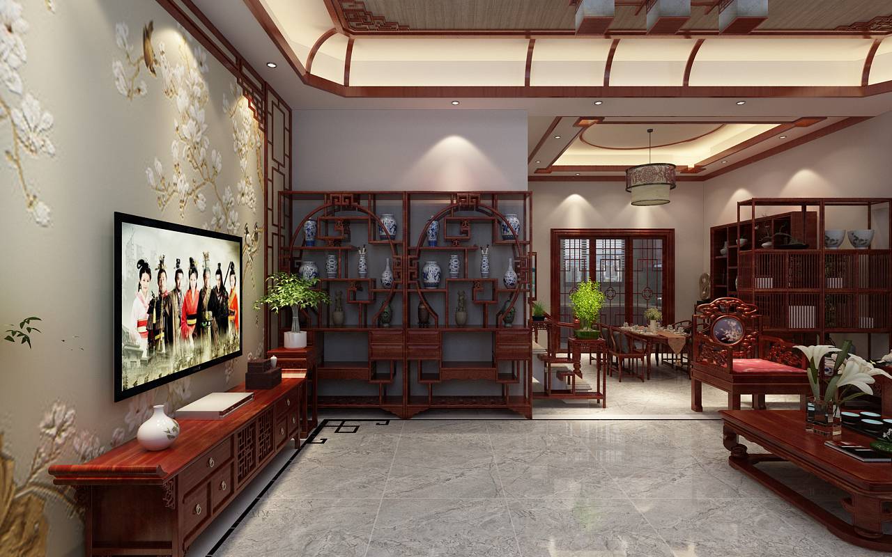 中式古典风格书房原木色博古架装修效果图- 中国风