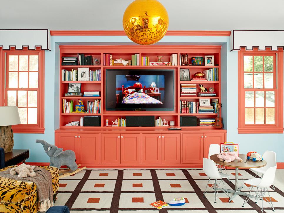 2019暖色调客厅橘红色电视柜子设计图片