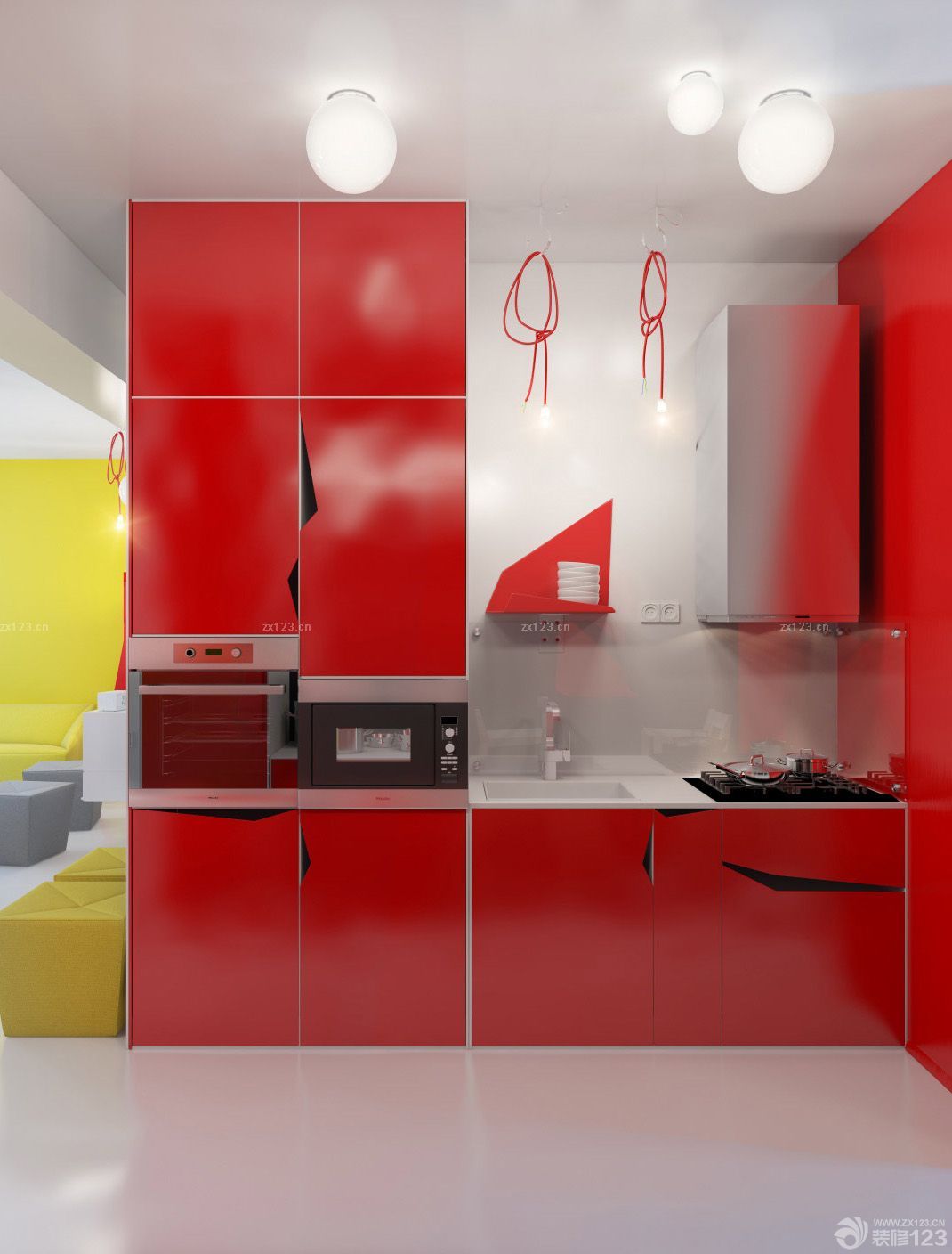 2023现代主义厨房酒红色橱柜装修效果图片_装信通网效果图