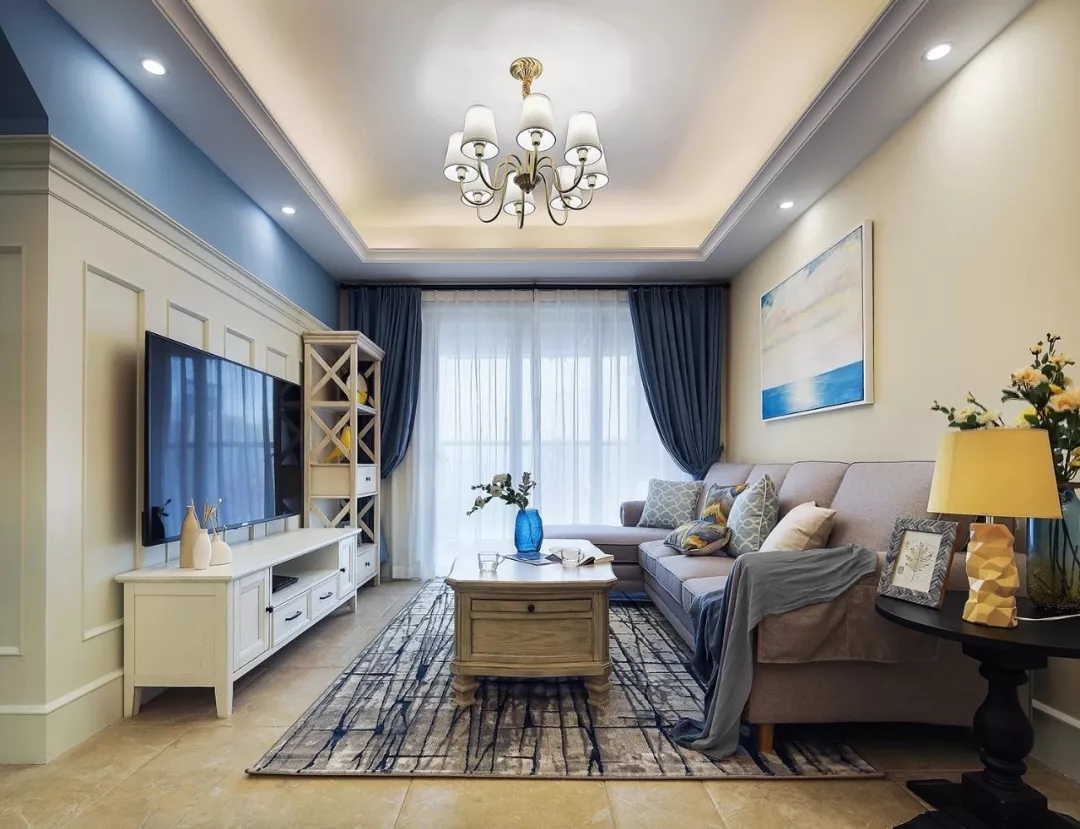 田园风格客厅蓝色电视背景墙装修效果图 – 设计本装修效果图