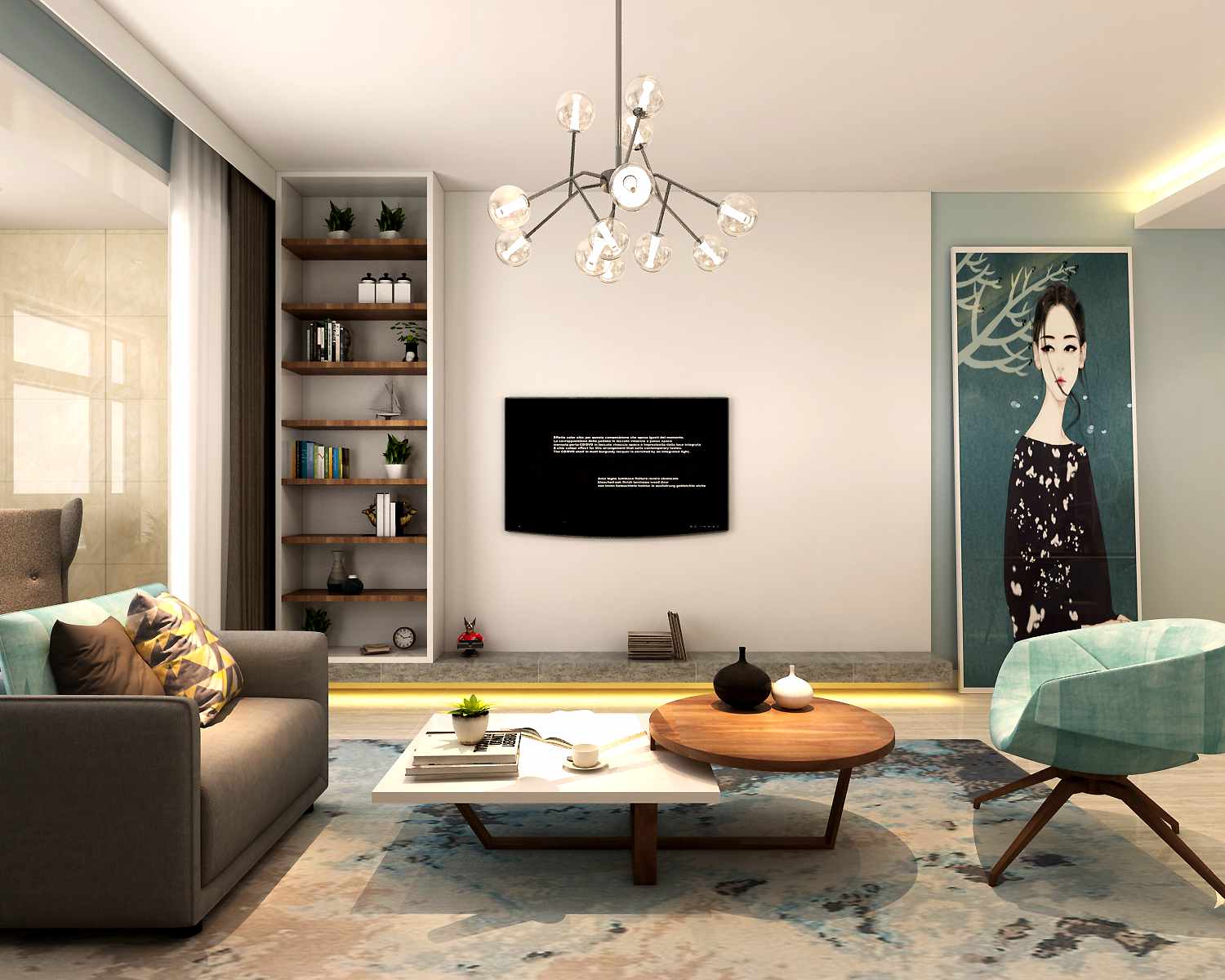 93平米二居室现代简约风格客厅电视墙装潢效果图