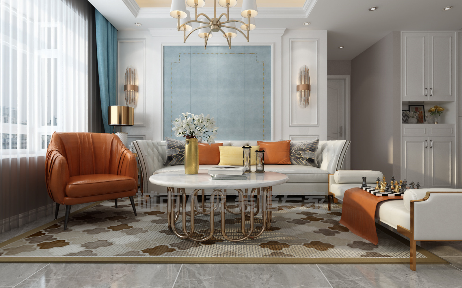 94㎡三居室现代欧式风格客厅沙发墙装潢效果图
