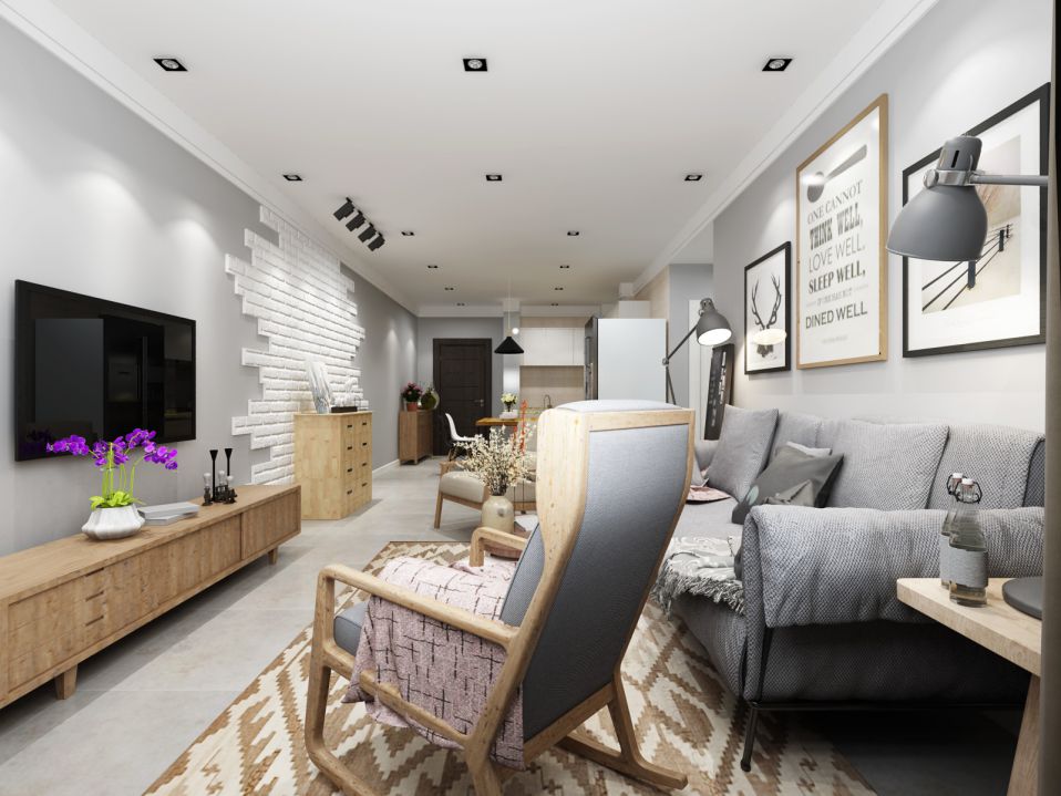 98平米简约北欧风格两居室客厅实木电视柜设计图