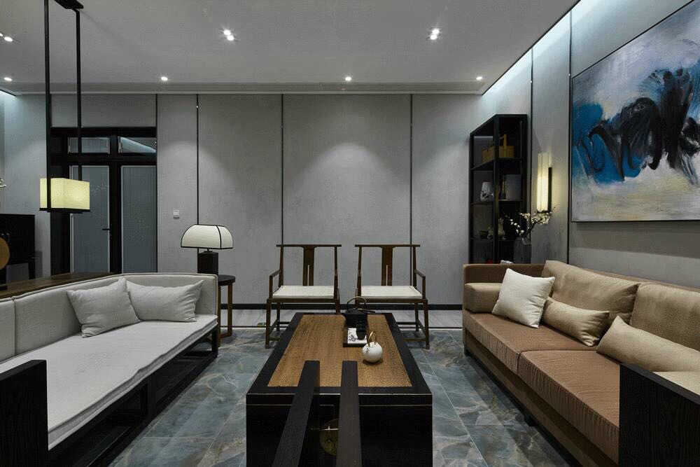 巴东海城135㎡新中式大平层客厅装修效果图