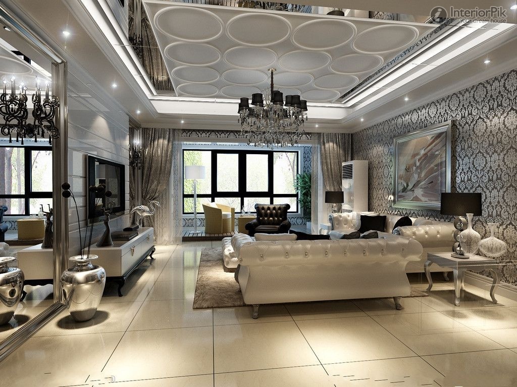 别墅客厅欧式风格银色沙发背景墙装修效果图片