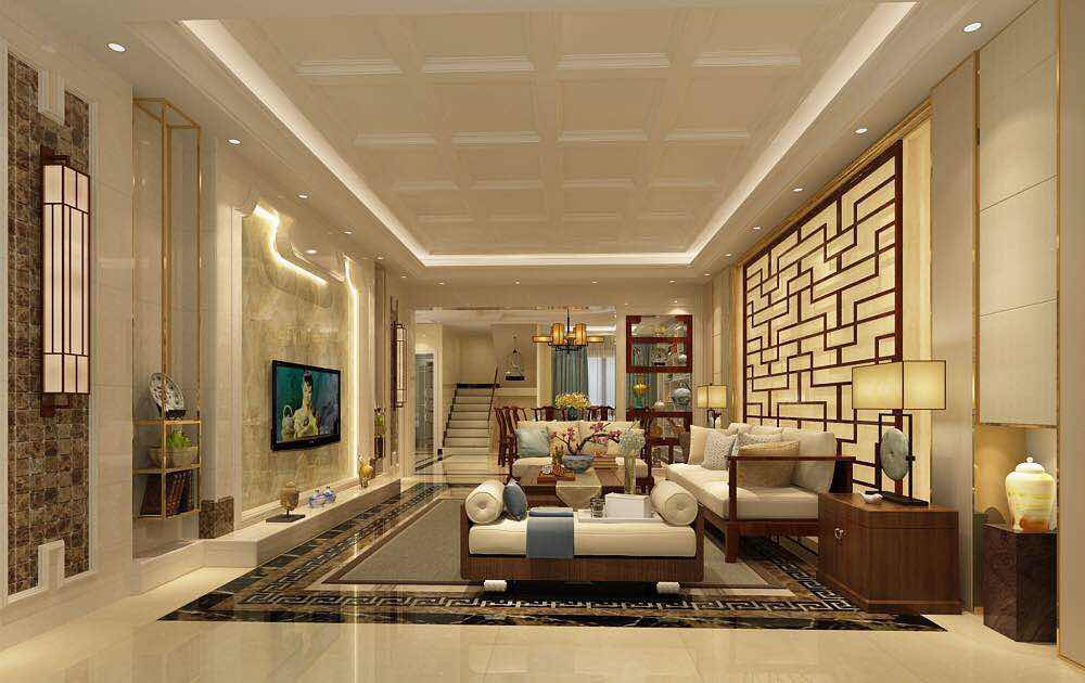 别墅新中式风格室内客厅电视墙设计实景图