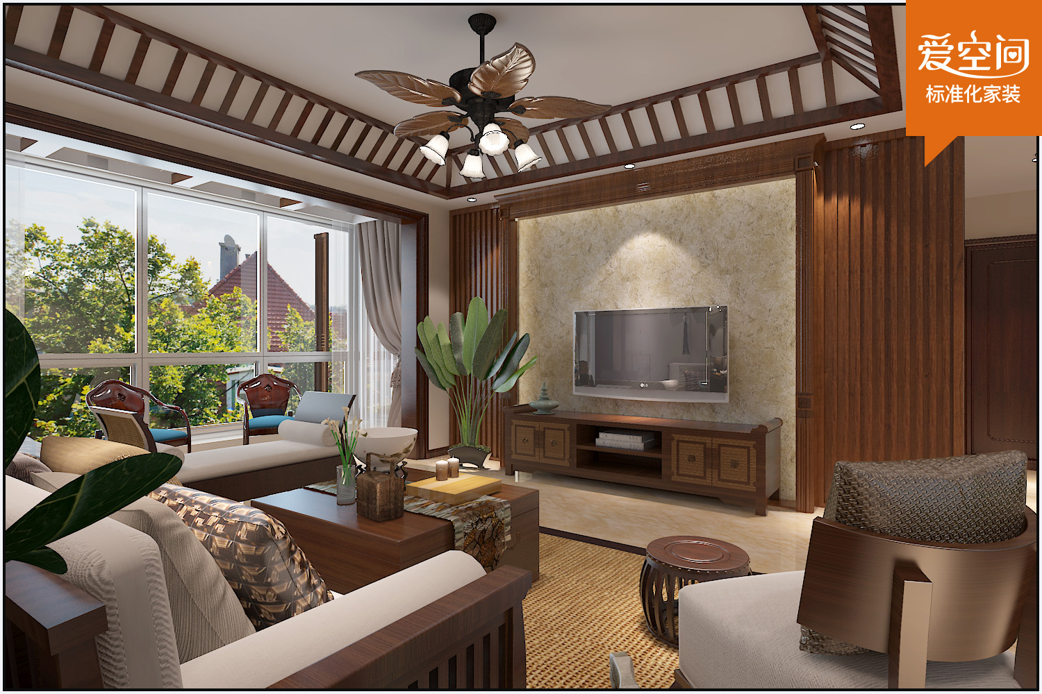 东南亚风格121平米三居客厅电视墙设计效果图