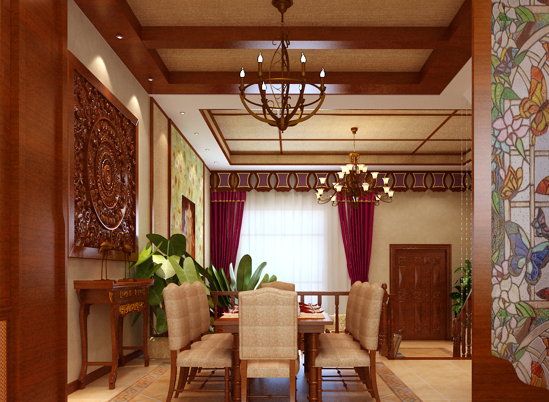 东南亚风格别墅样板间餐厅墙面设计装修效果图