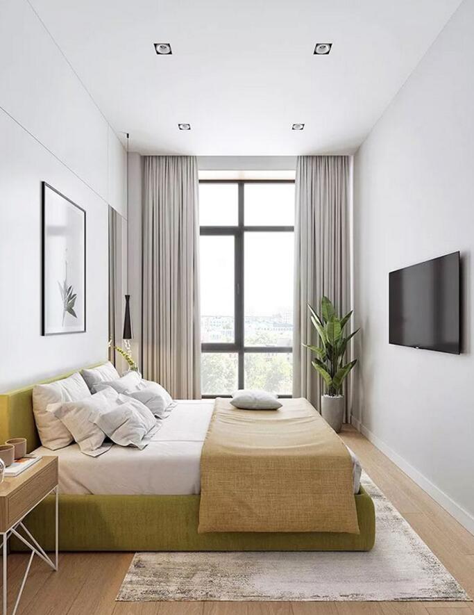 单身公寓样板房卧室纯色窗帘装修图