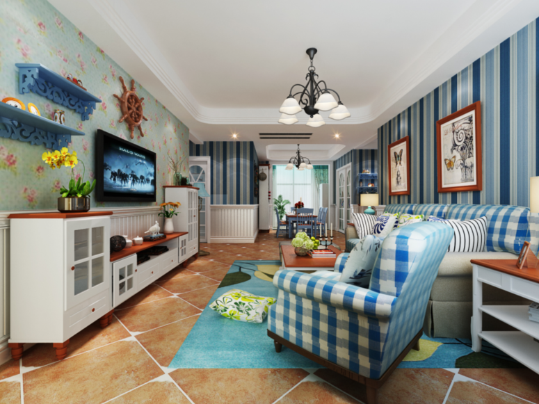 地中海风格125平三居室客厅电视墙装饰效果图