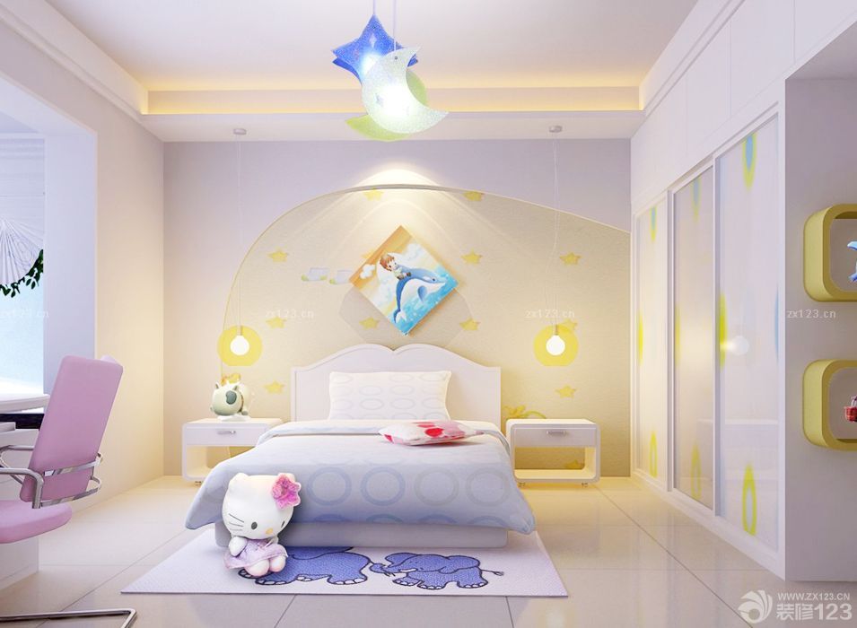 儿童房卧室床头背景墙乳胶漆颜色效果图女孩