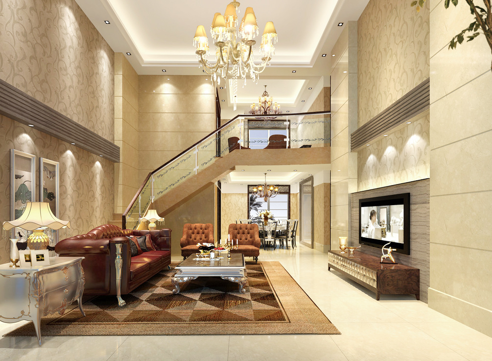 简欧别墅客厅设计真皮沙发装修效果图片