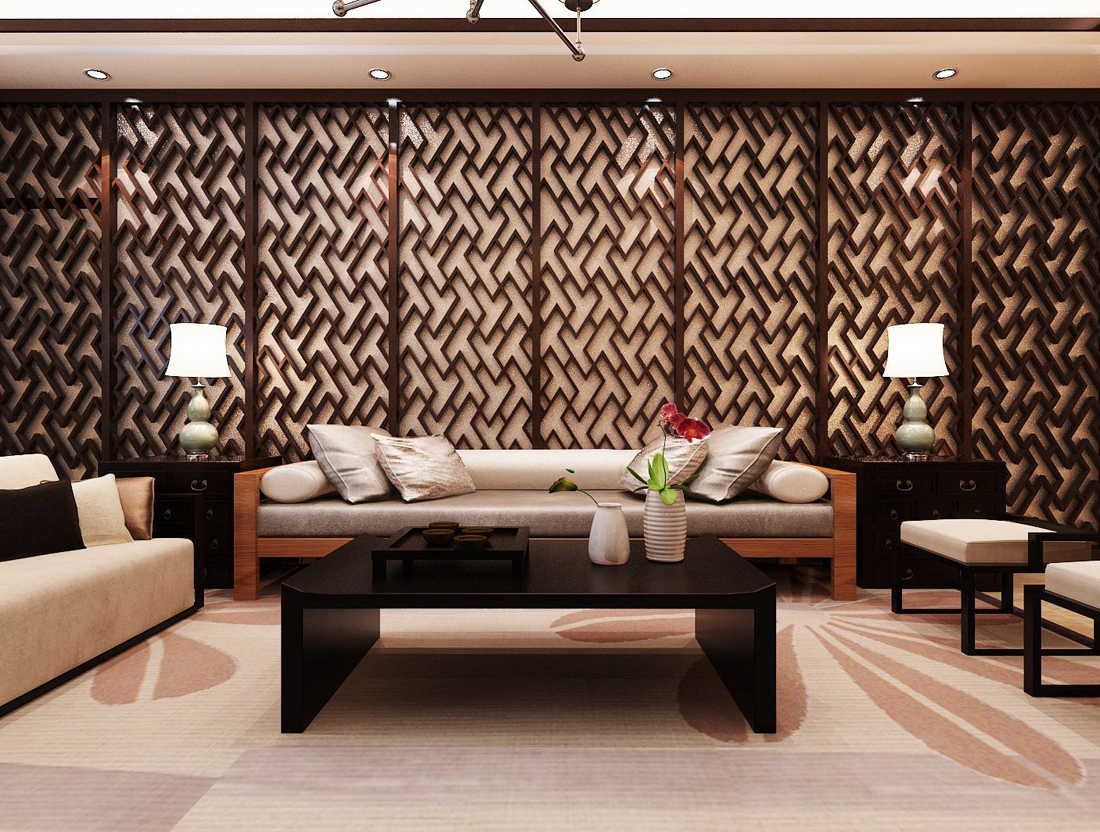 简约中式风格别墅客厅沙发背景墙装修效果图片