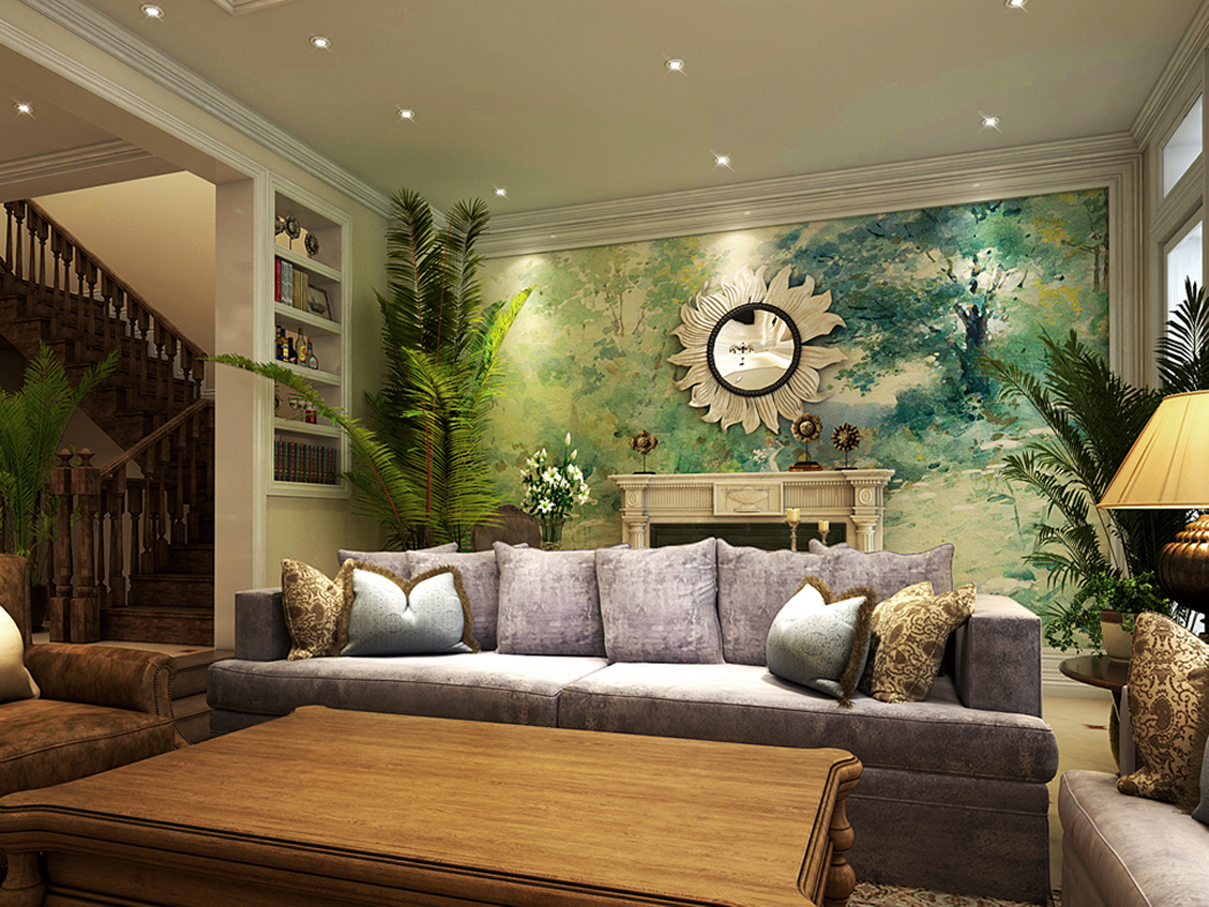 美式别墅客厅背景墙画装修效果图
