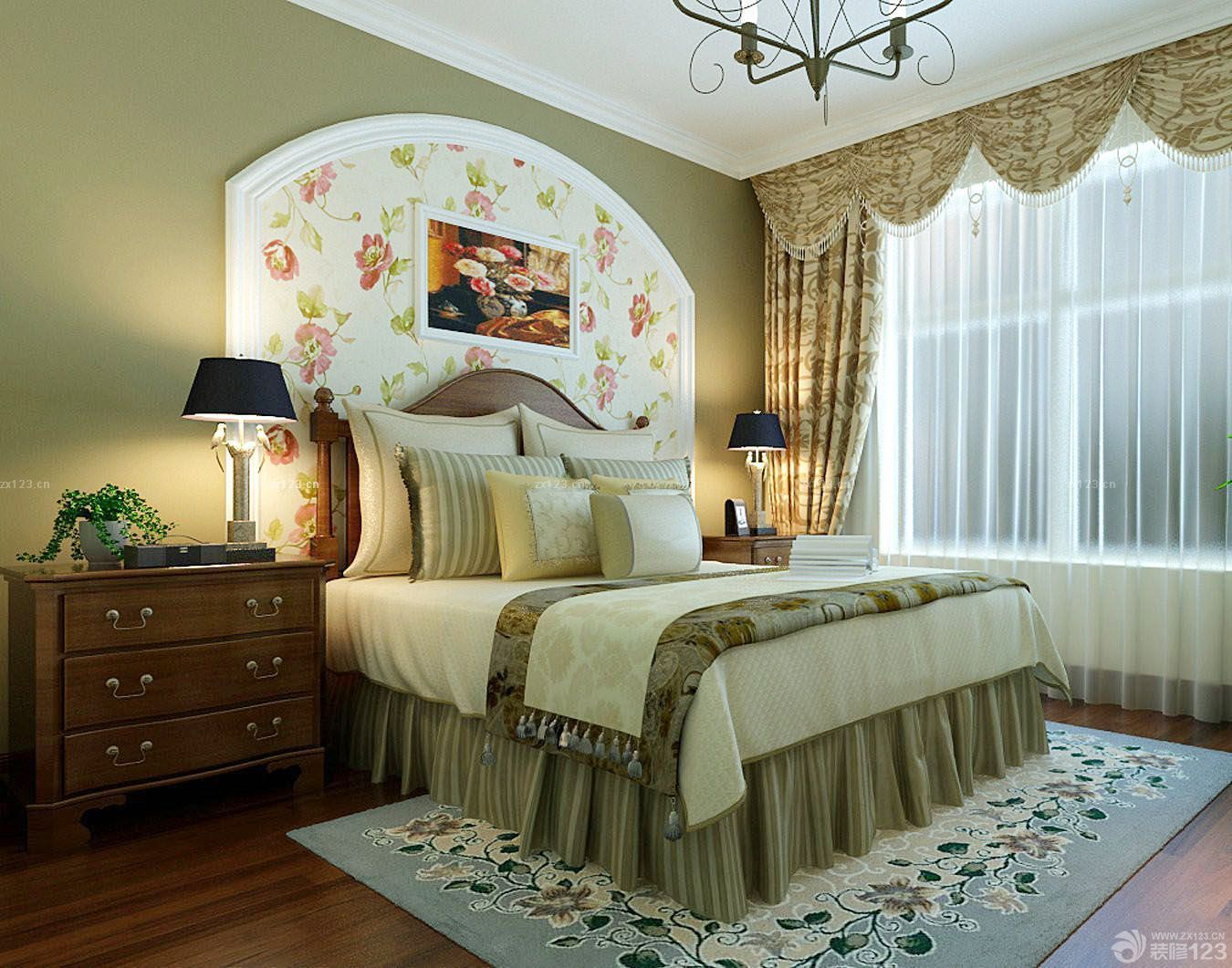 现代卧室浅绿色花纹背景墙室内装修效果图图片素材-编号29041545-图行天下
