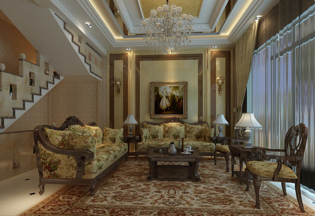 欧式别墅客厅沙发摆放装修设计效果图片