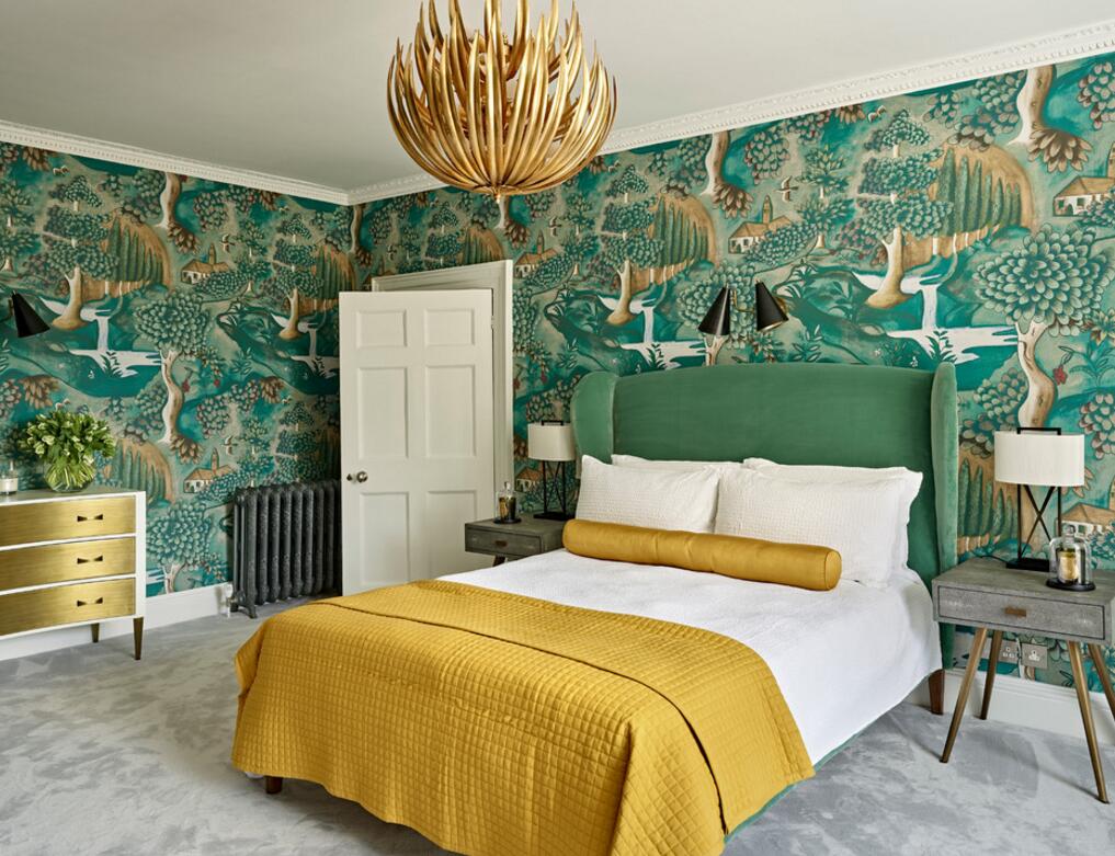欧式复古卧室绿色家居壁纸装饰设计图片