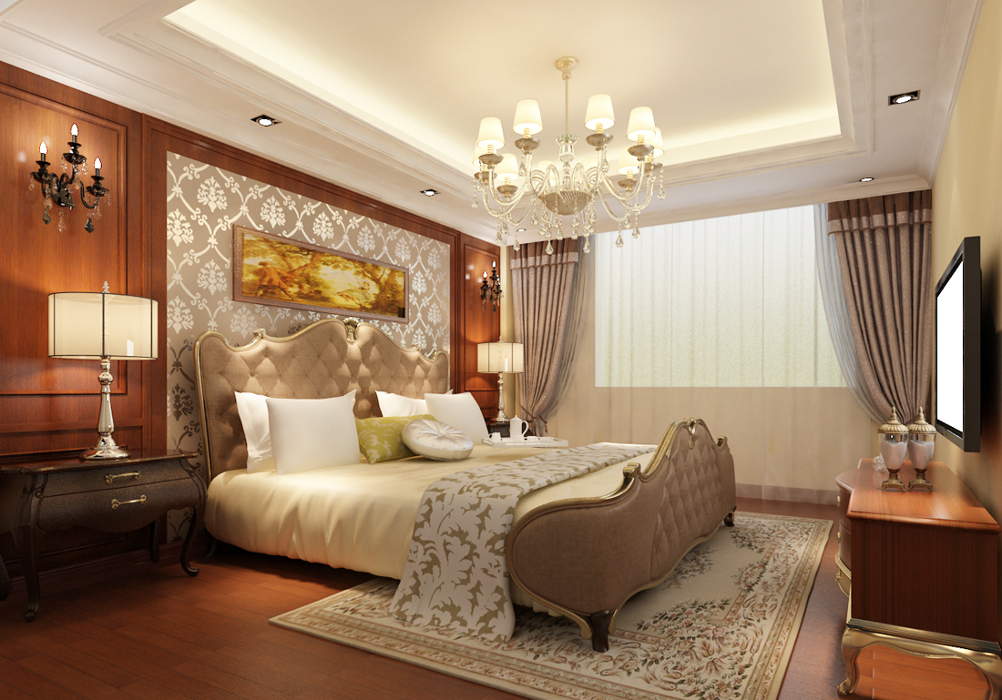 欧式古典风格别墅床头背景墙壁纸装修效果图片