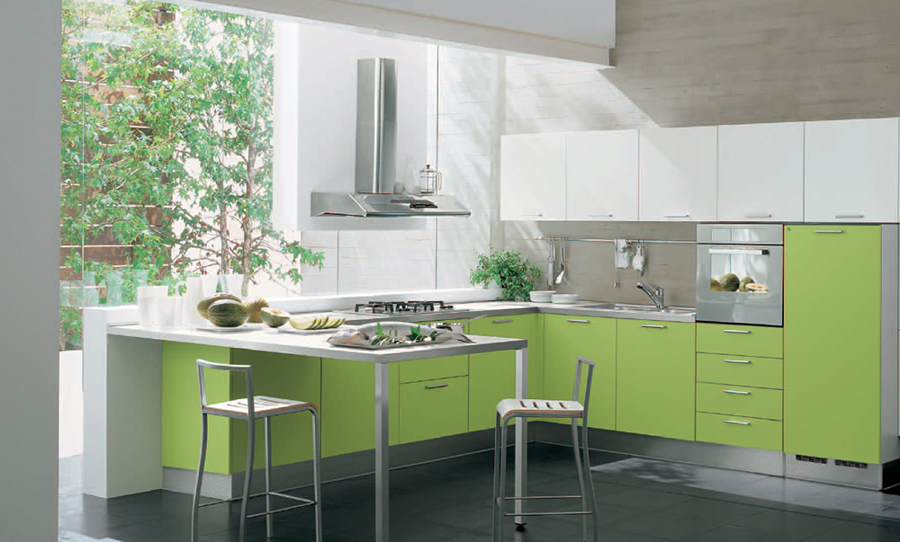 现代别墅厨房绿色橱柜装修设计效果图片