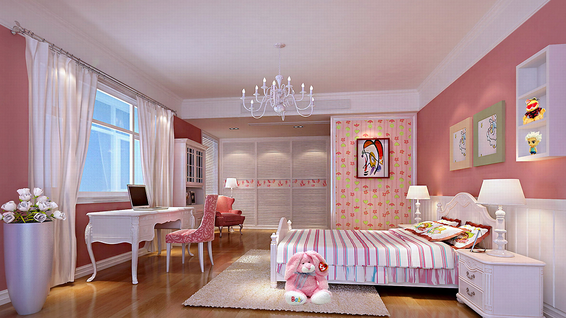 现代别墅卧室白色窗帘装修效果图片