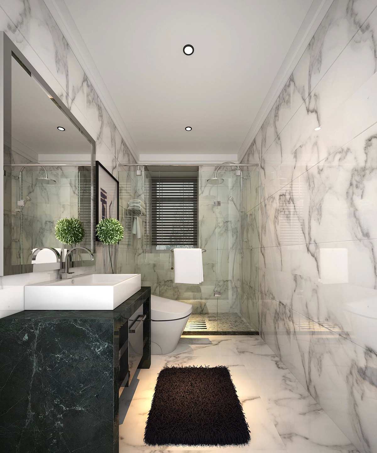 通铺的白色大理石瓷砖，让卫生间更显简约风范。一面圆形镜子还做了藏光的-家居美图_装一网装修效果图