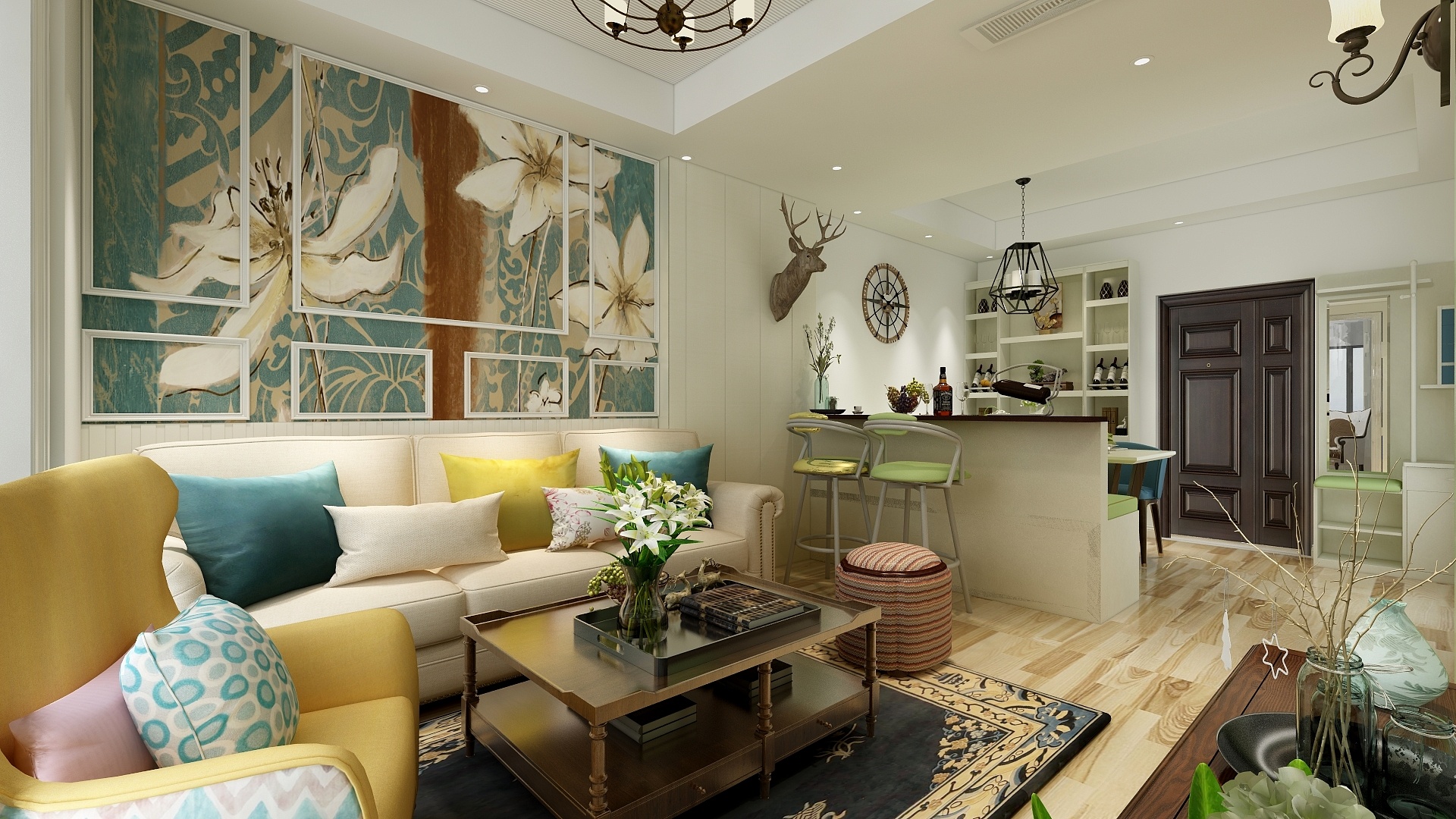 现代美式风格90平米二居客厅沙发墙装潢效果图