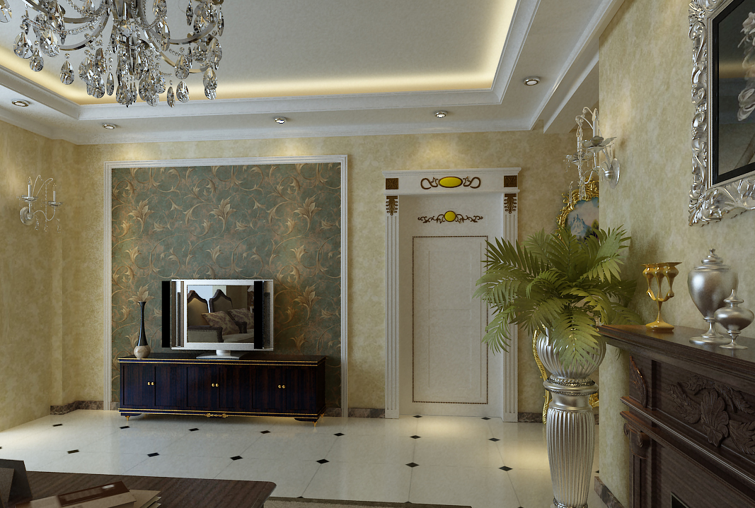 现代欧式别墅客厅电视背景墙壁纸装修效果图片