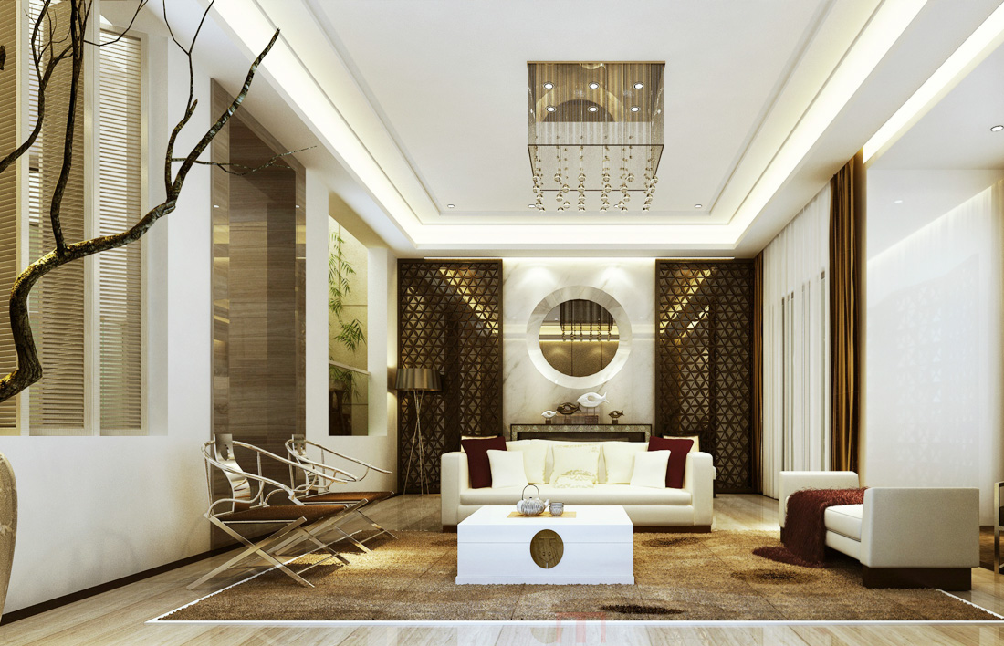 现代中式别墅室内客厅装修效果图