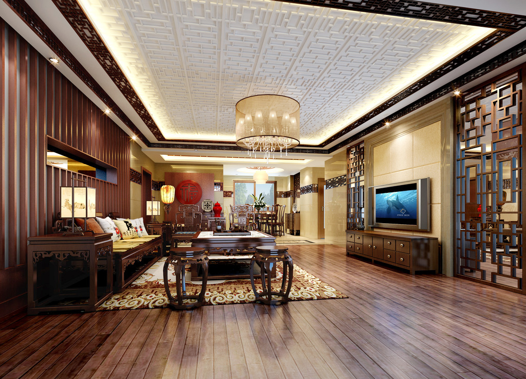 新中式别墅客厅设计电视背景墙装修效果图