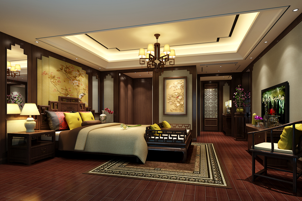 新中式别墅卧室床头背景墙装修效果图片