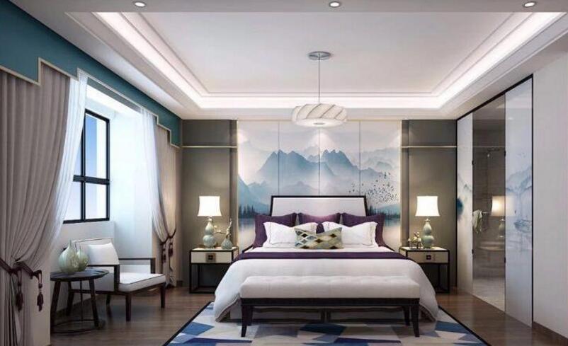 新中式别墅卧室室内床头背景墙装修