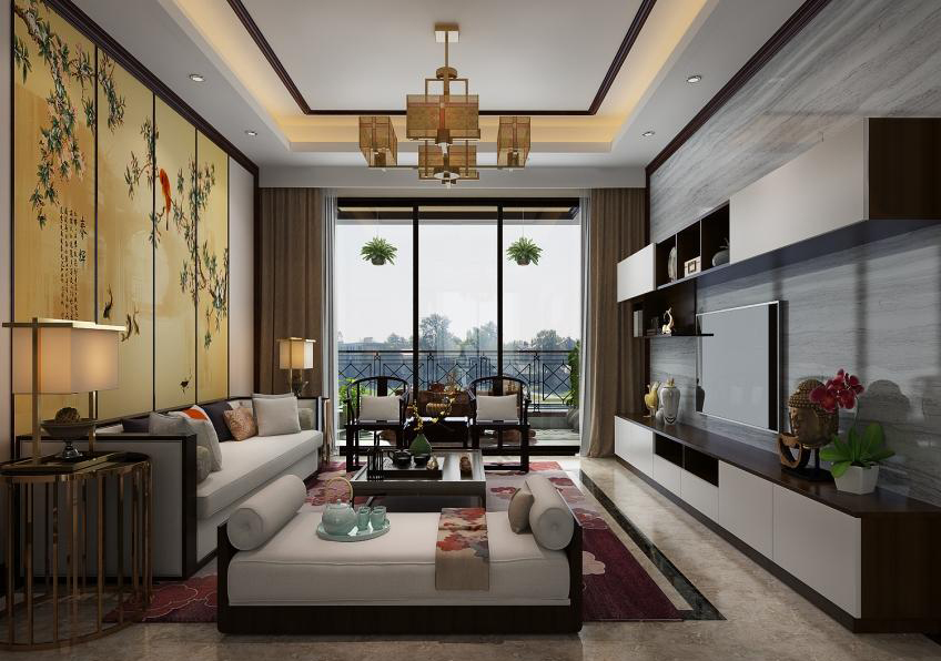 新中式风格120平米三室客厅背景墙装潢效果图