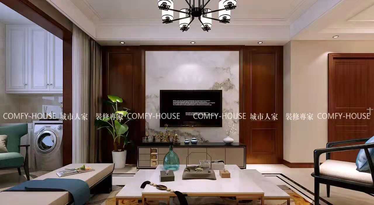 新中式风格135㎡三居客厅电视柜装修效果图