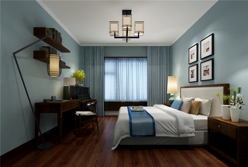新中式风格140平三居室卧室背景墙装潢效果图