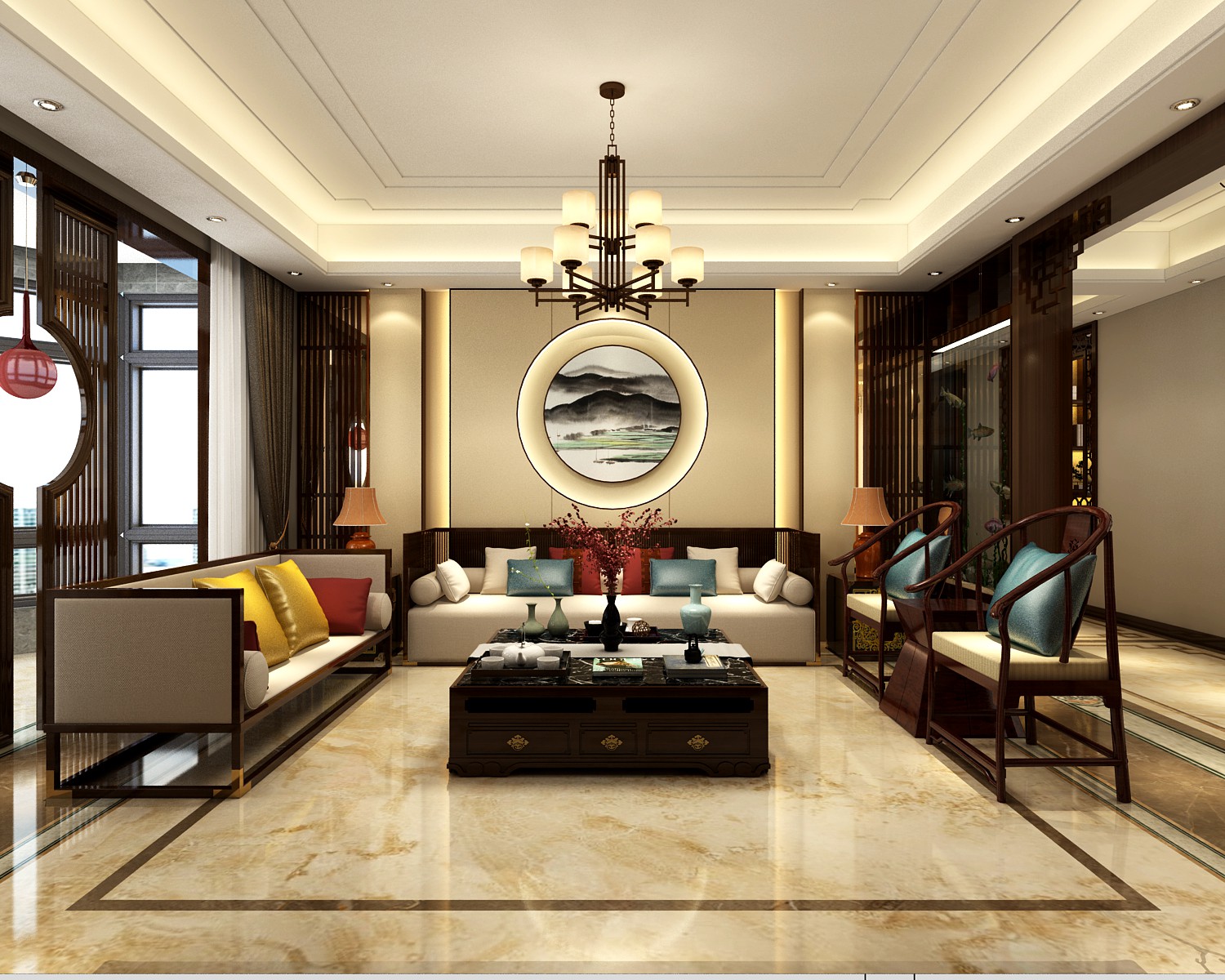 新中式风格260平米三居室客厅沙发墙装修效果图