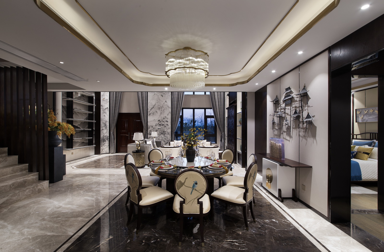 新中式风格437平四层别墅大餐厅桌椅装修图片